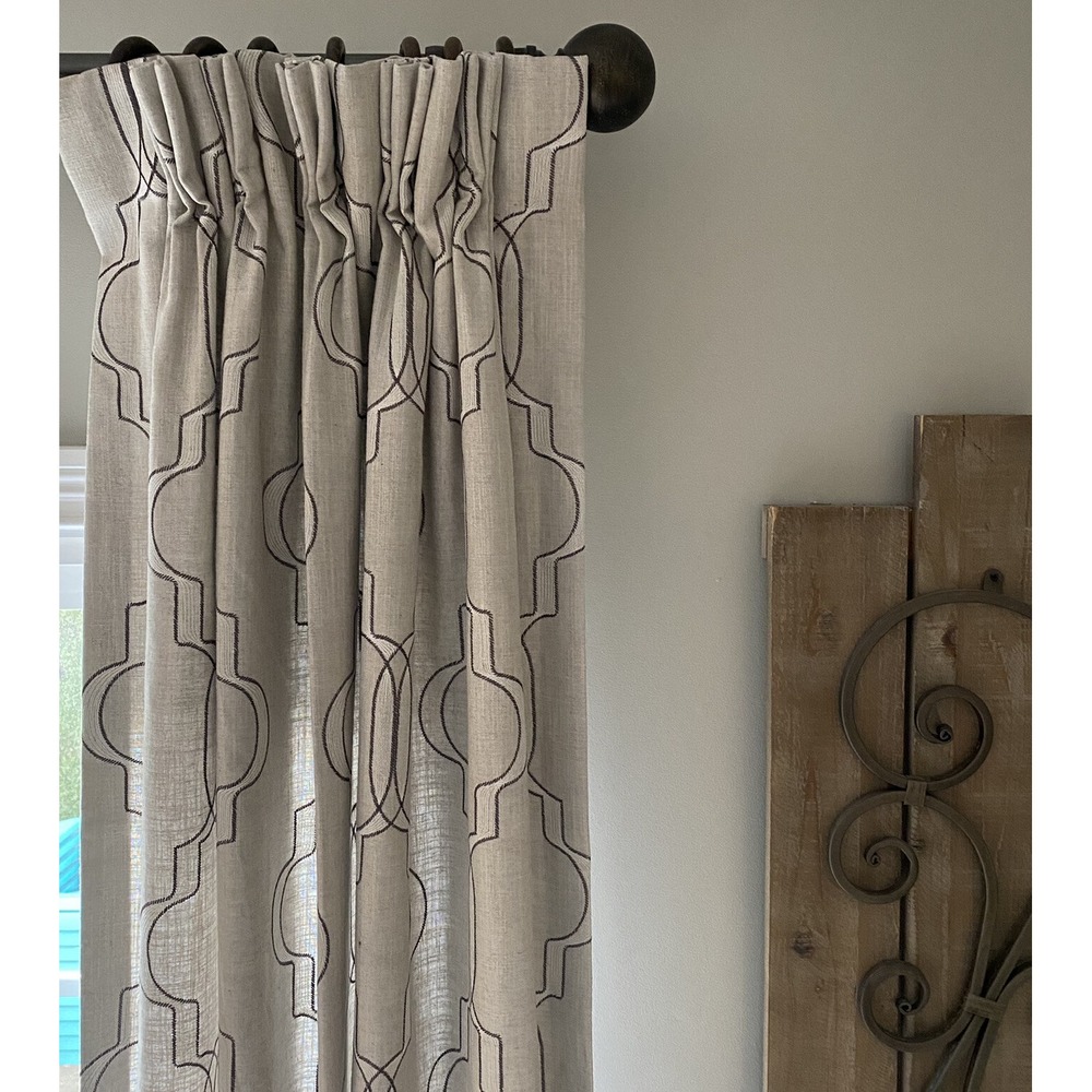 ❤️ 2 Custom Linen Crewel Stitch Quatrefoil Lined Drapery Panels Pinch Pleat 95"